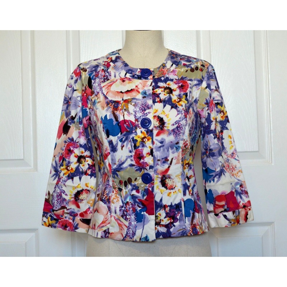 Coldwater Creek Jacket Women's Size 4 Multicolor Floral 3/4 Sleeve Button Front